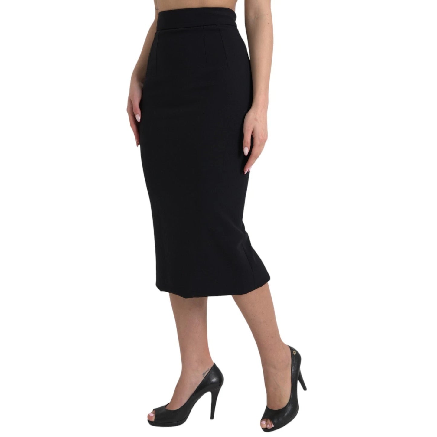 Black Wool High Waist Pencil Cut Midi Skirt