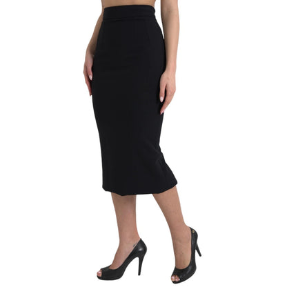 Black Wool High Waist Pencil Cut Midi Skirt