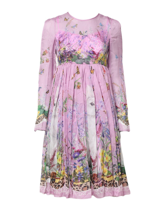 Pink Floral Long Sleeves A-line Midi Dress