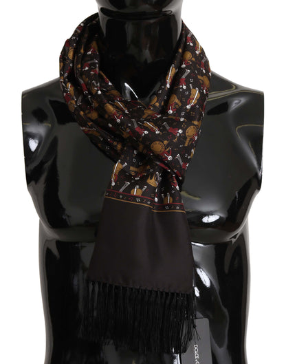 Elegant Brown Silk Musicians Print Scarf