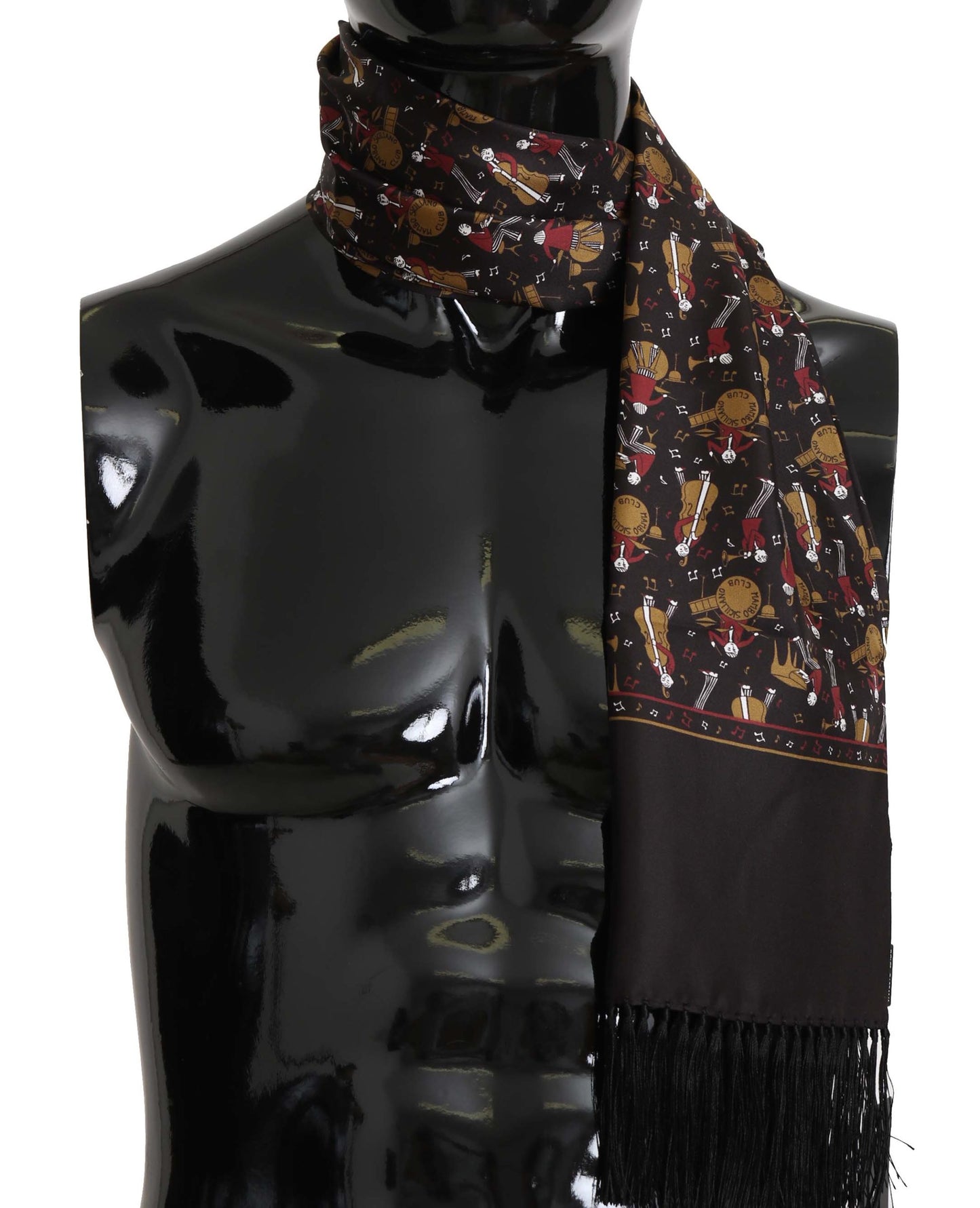 Elegant Brown Silk Musicians Print Scarf