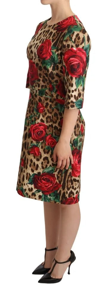 Brown Leopard Red Roses Cotton A-line Dress