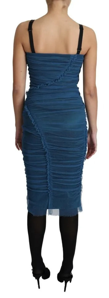 Blue Draped Tulle Midi Sheath Cotton Dress