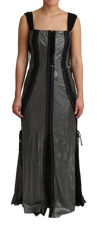 Black Crystals Lace Up Runway Gown Dress