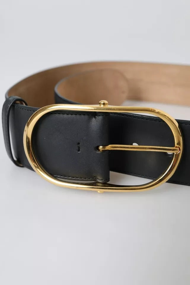 Black Leather Gold Oval Metal Buckle Belt