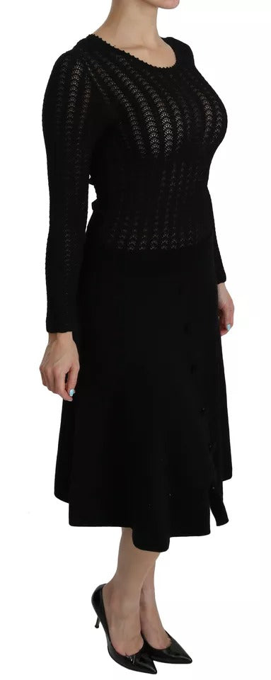 Black Cashmere Long Sleeve Sheath Midi Dress