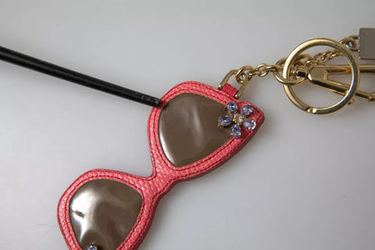 Red Leather Crystal Sunglasses Gold Metal Keyring Keychain