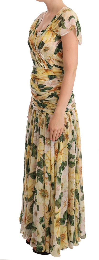 Floral Elegance Silk Pleated Maxi Dress
