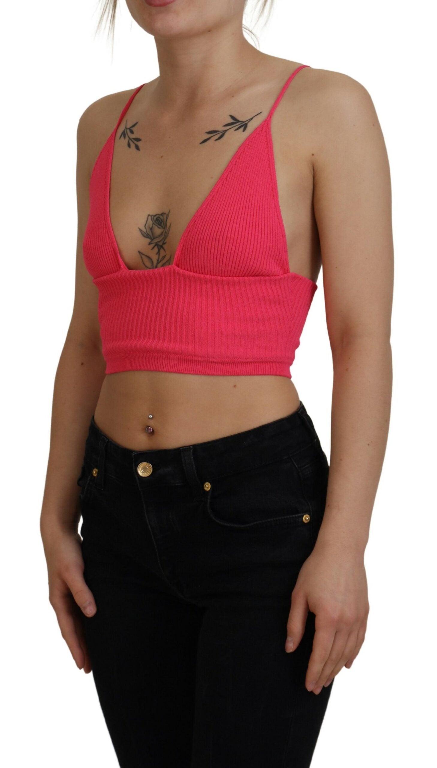 Pink Ribbed Knit Bra Cropped Spaghetti Strap Top