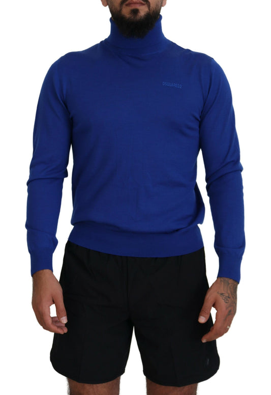 Blue Logo Print Long Sleeves Turtle Neck Sweater