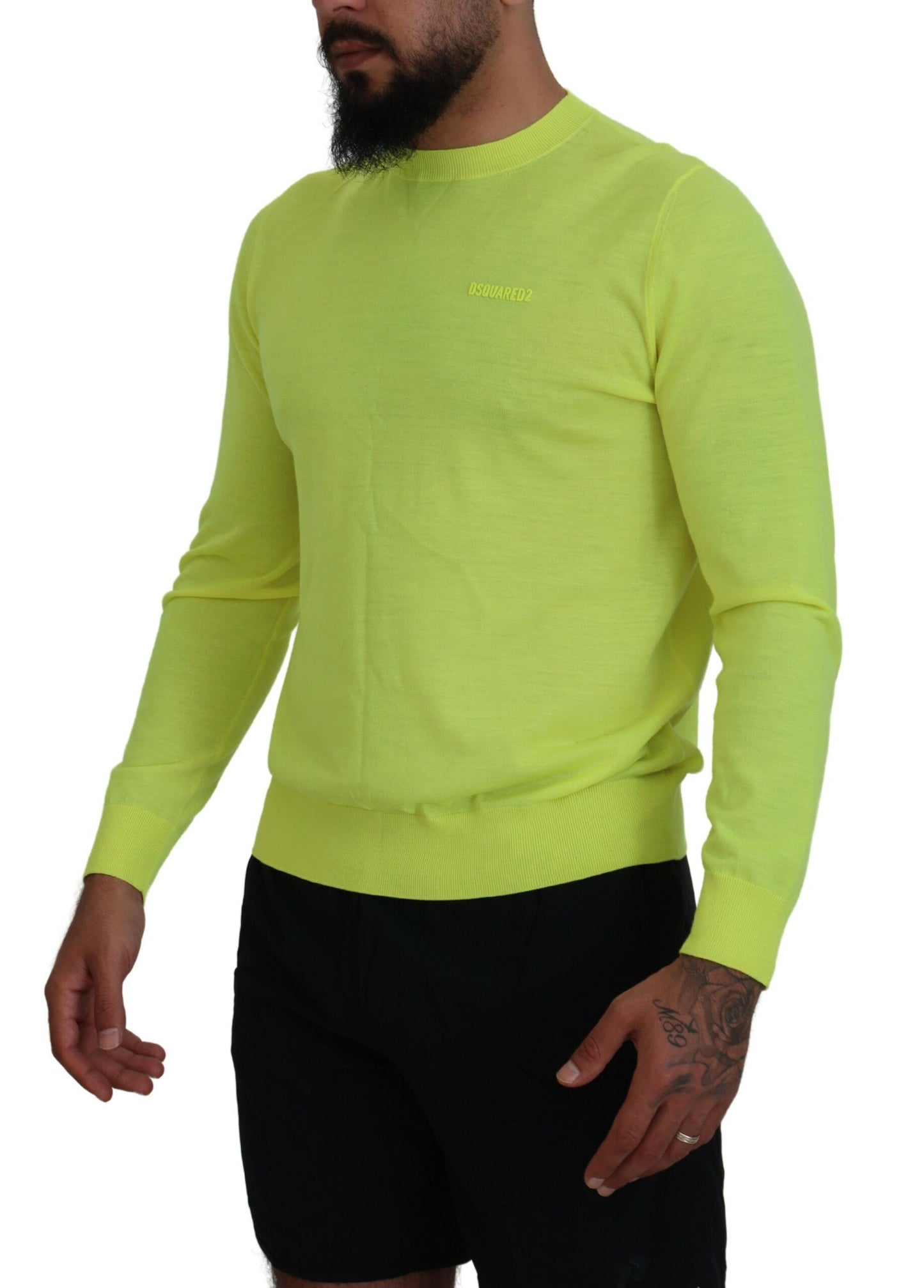 Yellow Green Long Sleeves Men Pullover Sweater