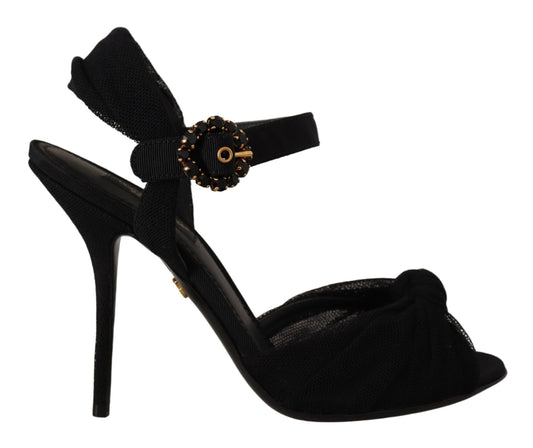 Black Tulle Ankle Strap Heels with Crystal Buckle