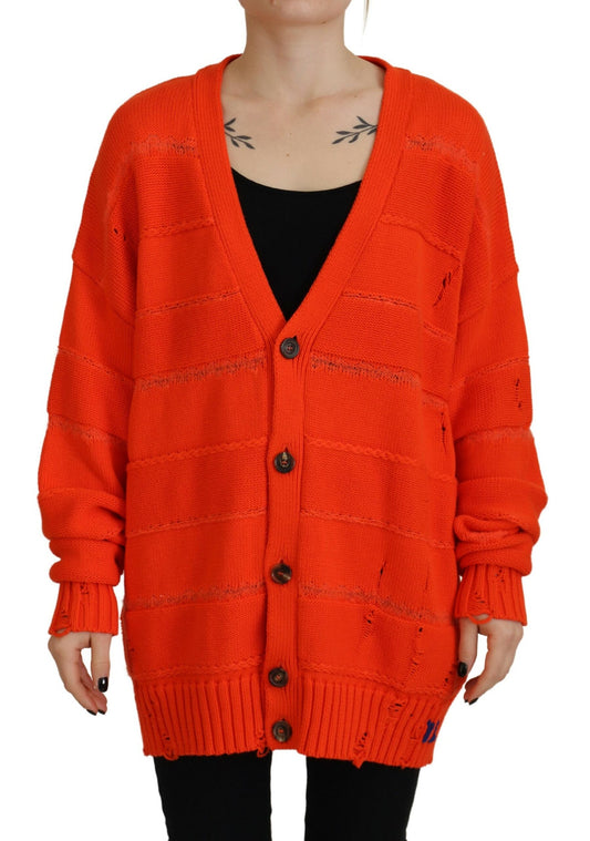 Orange Cotton Knitted Buttoned Cardigan Sweater