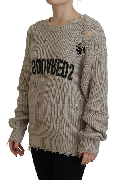 Beige Cotton Knitted Crewneck Pullover Sweater