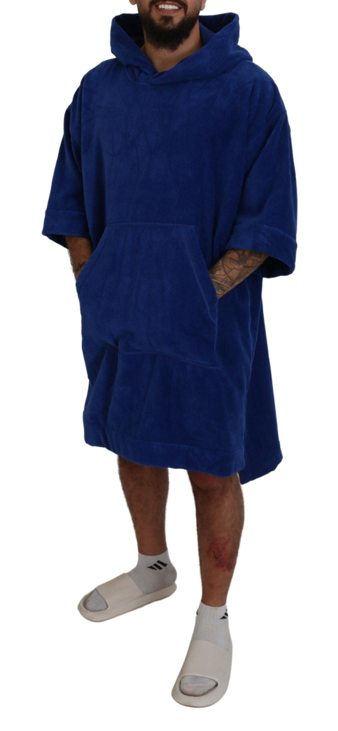 Blue Poncho Men Hooded Beachwear Changing Robe
