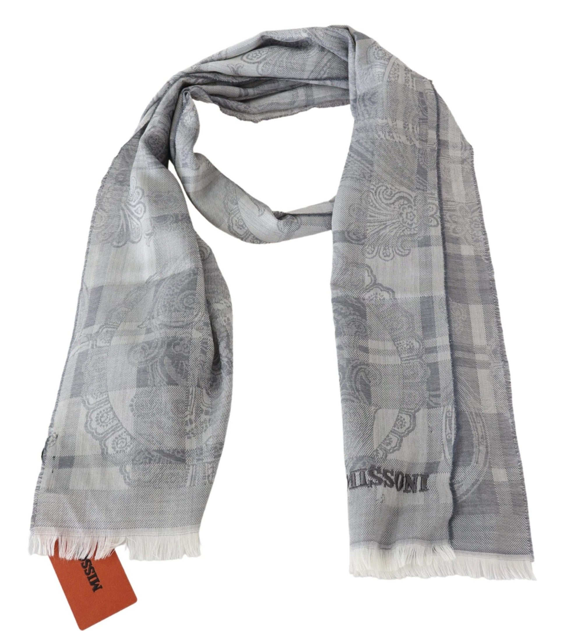 Chic Unisex Gray Wool Scarf with Logo Embroidery