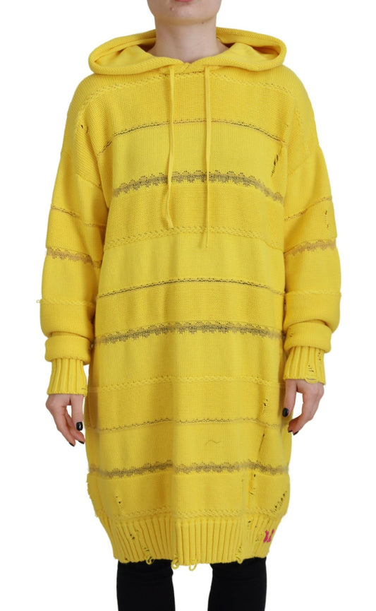Yellow Cotton Knitted Hooded Pullover Sweater