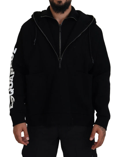Black Hooded Printed Sleeves Double Zip Sweater
