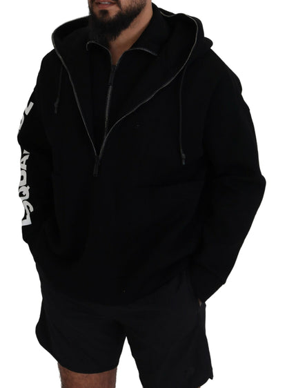Black Hooded Printed Sleeves Double Zip Sweater