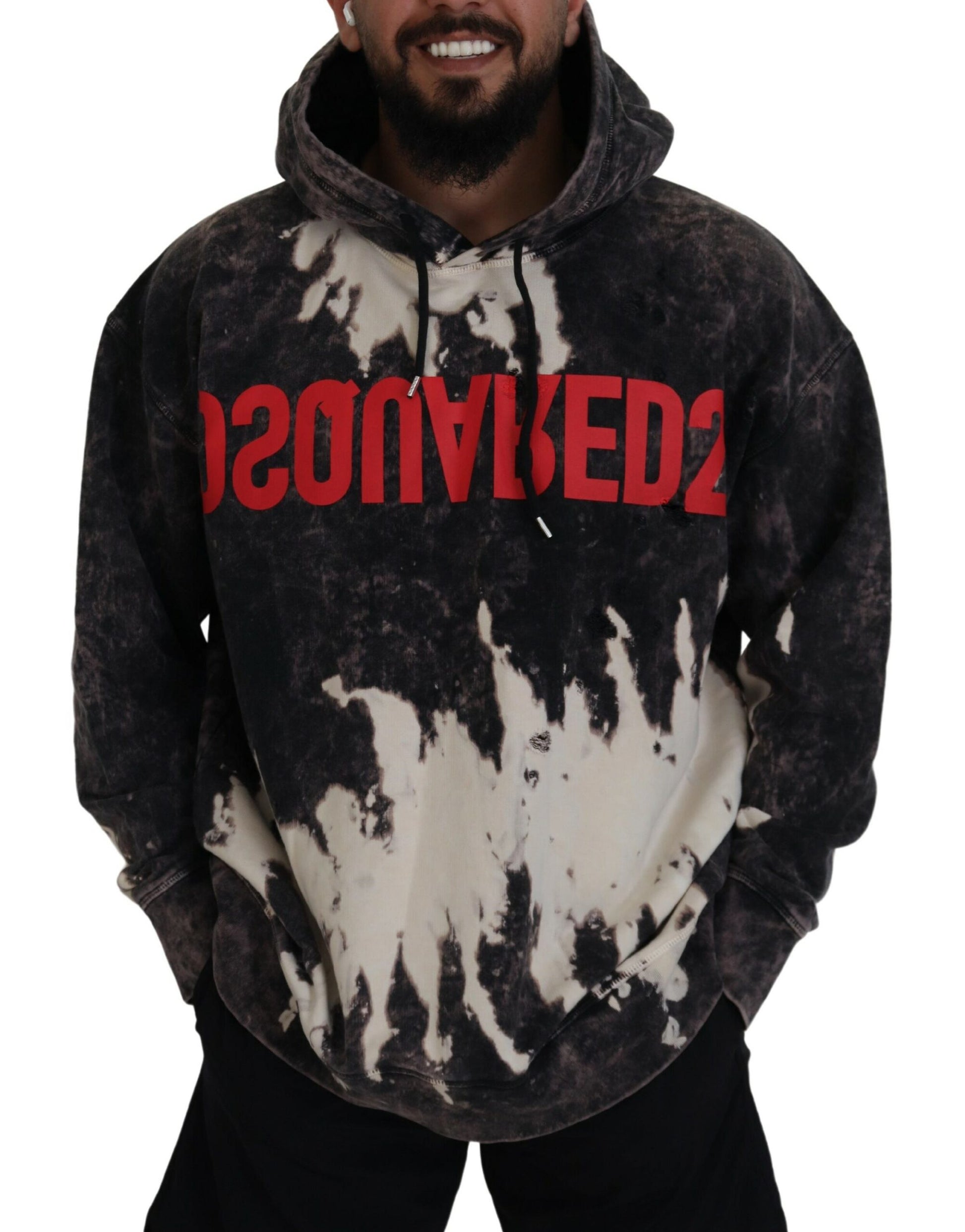 Gray Wash Hooded Printed Men Pullover Sweater
