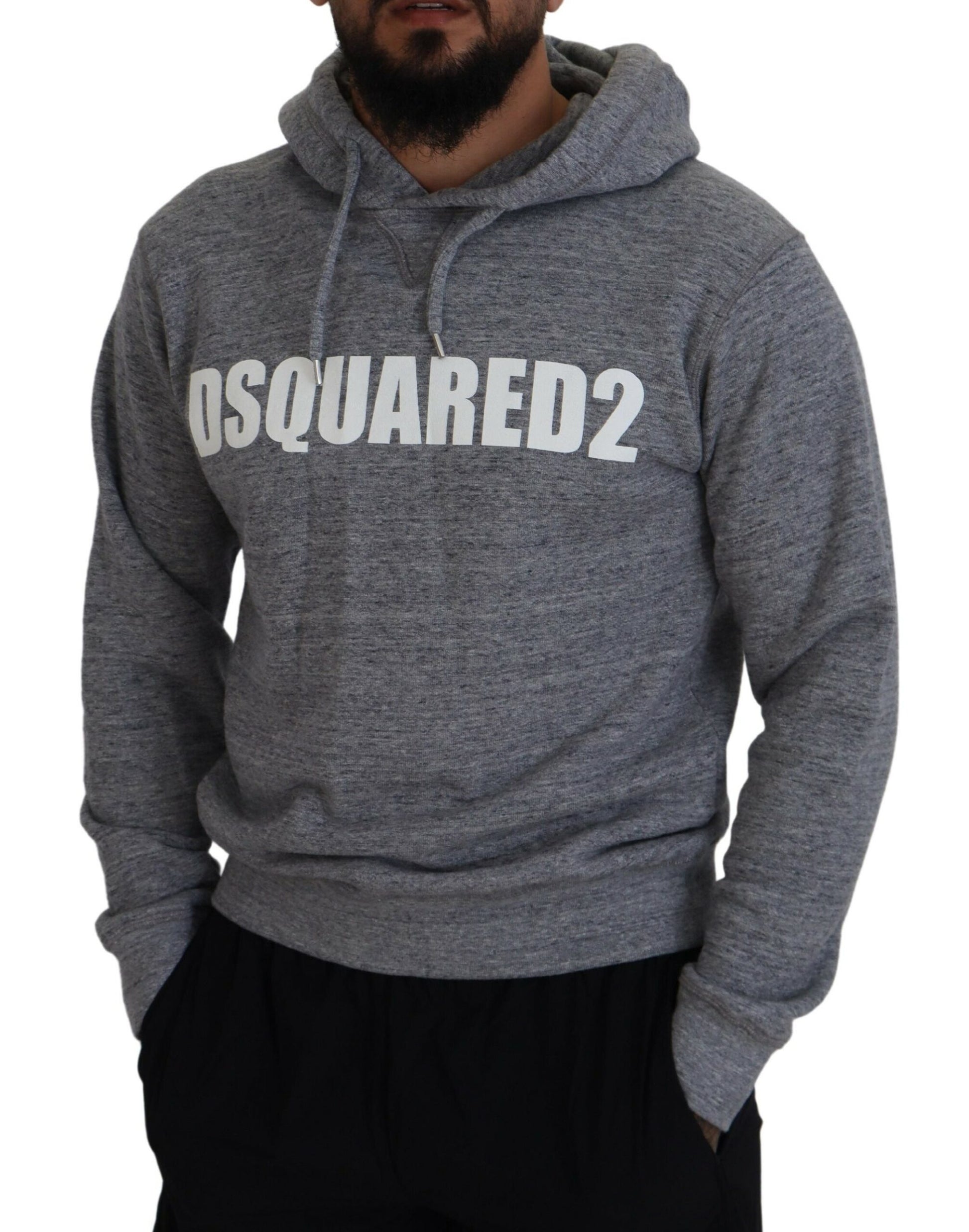 Gray Cotton Hooded Logo Print Men Pullover Sweater