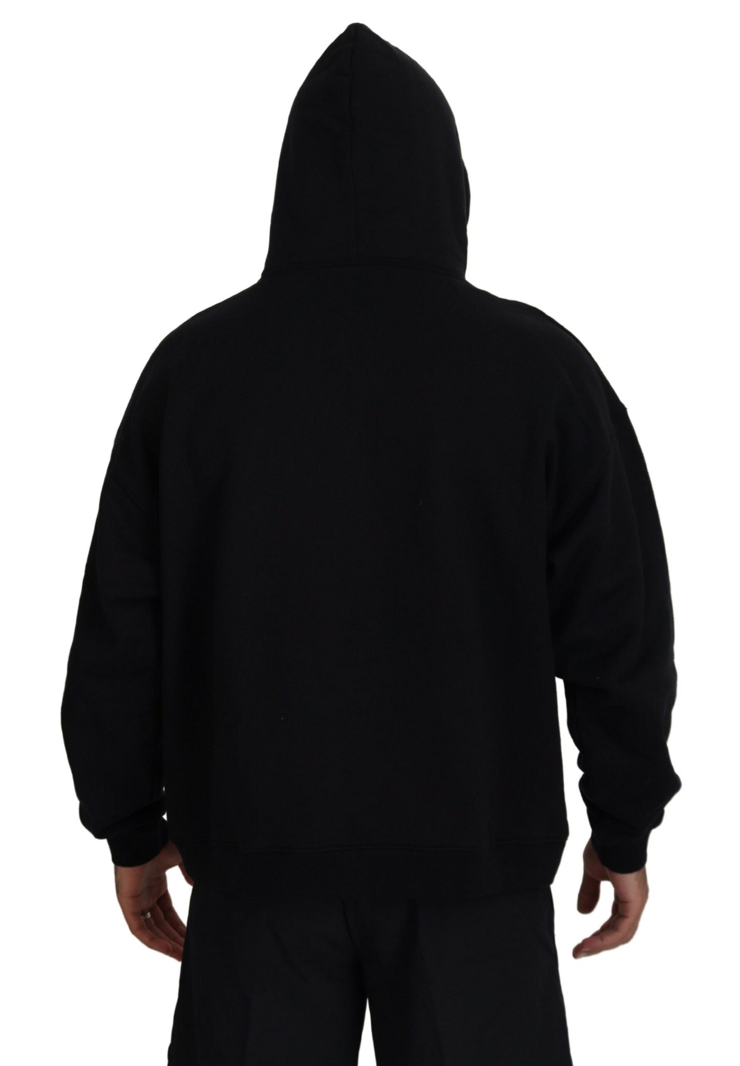 Black Cotton Hooded Printed Men Pullover Sweater
