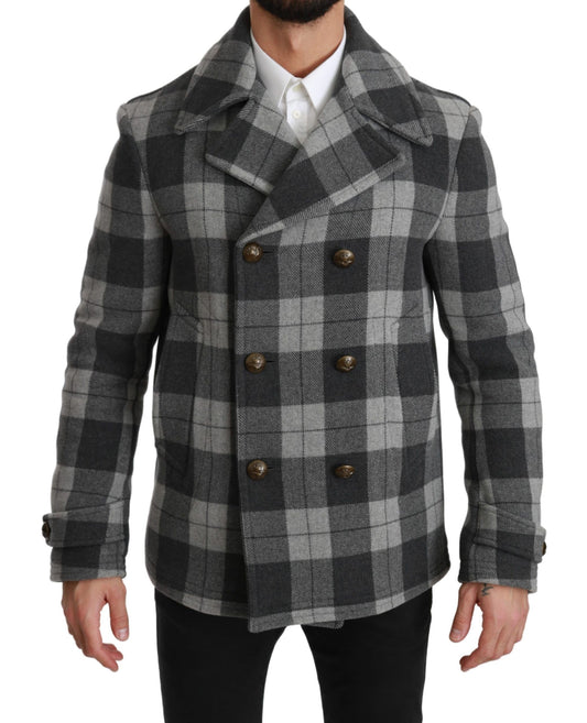 Elegant Gray Check Double Breasted Coat