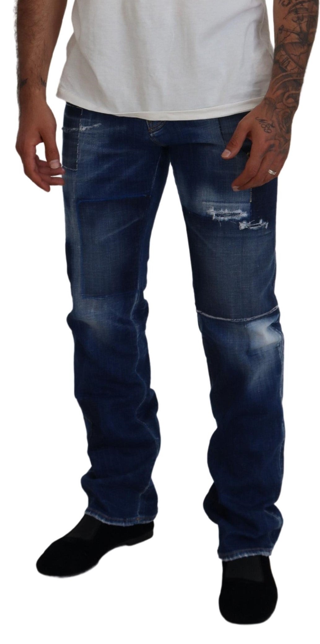 Blue Washed Patchwork Straight Fit Denim Jeans