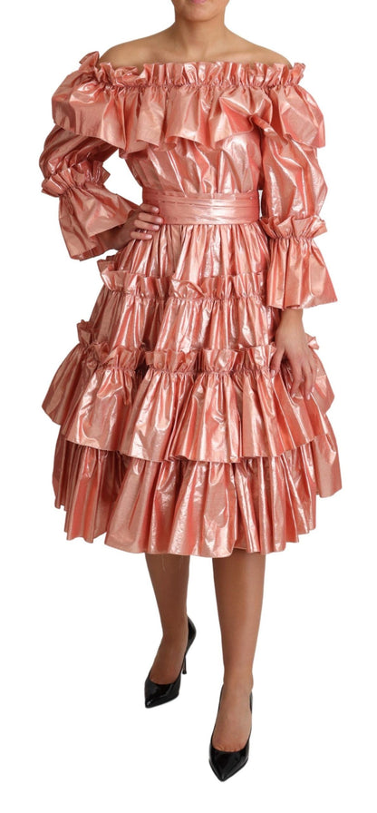 Pink Metallic Ruffled Gown Elegance