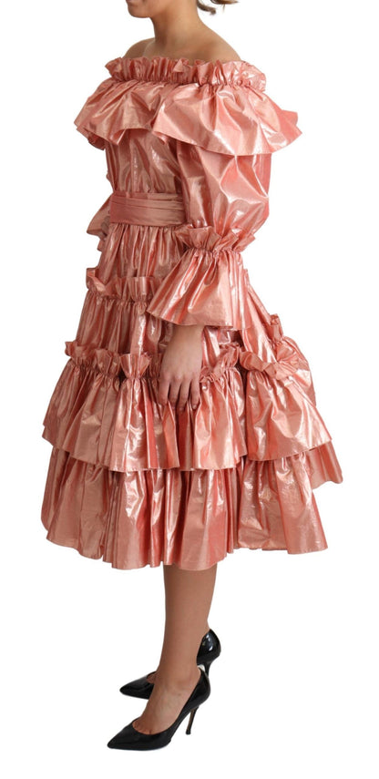 Pink Metallic Ruffled Gown Elegance