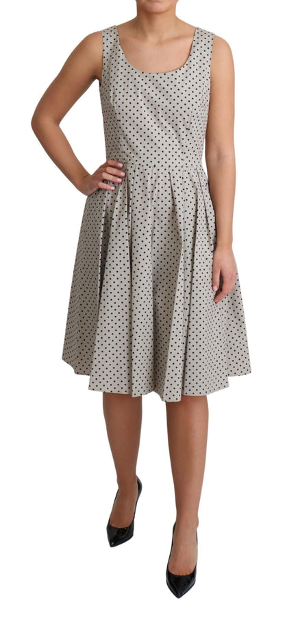 Polka-Dotted Beige Sleeveless A-line Dress
