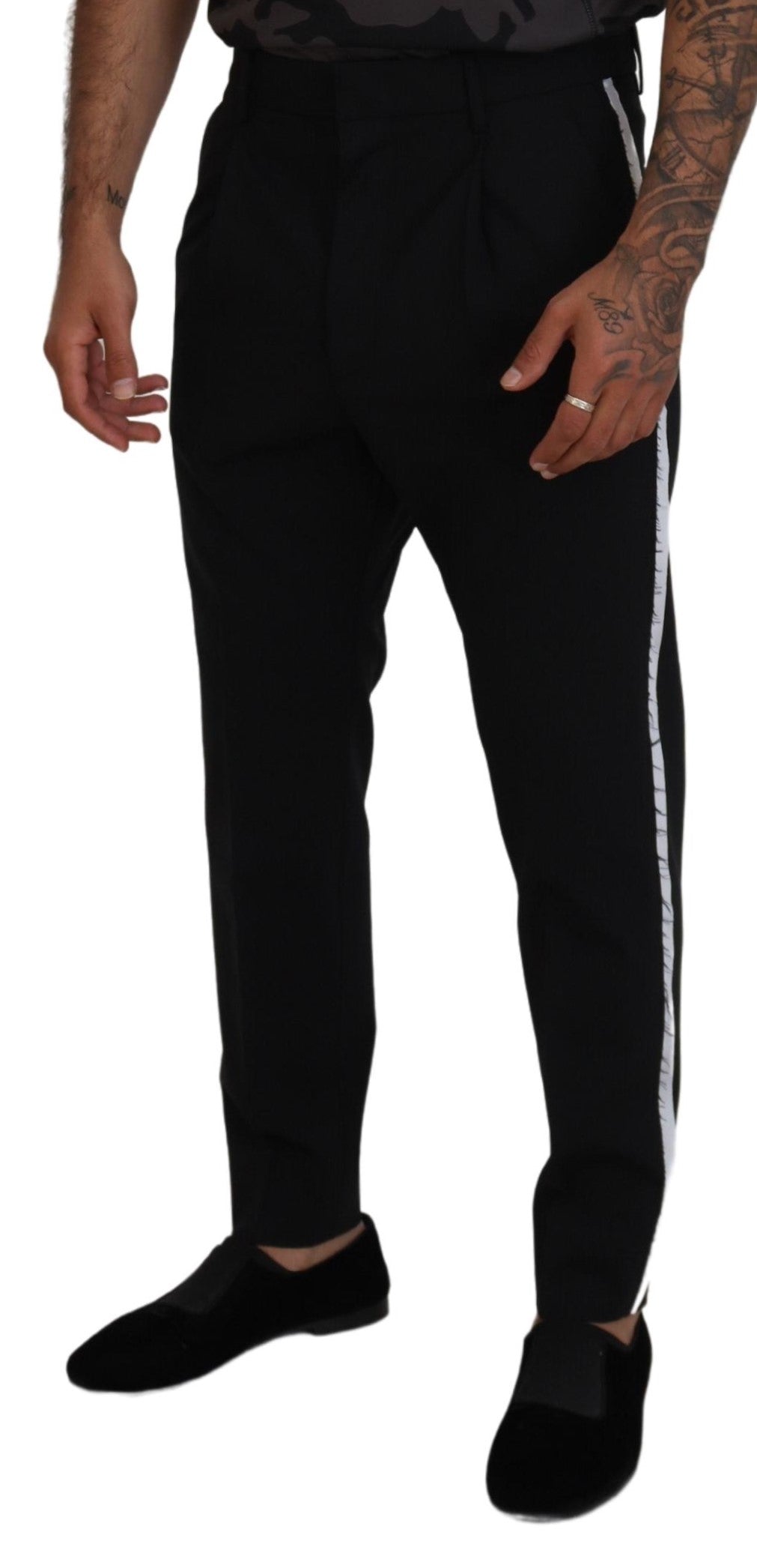 Back White Lined Side Wool Tapered Pants