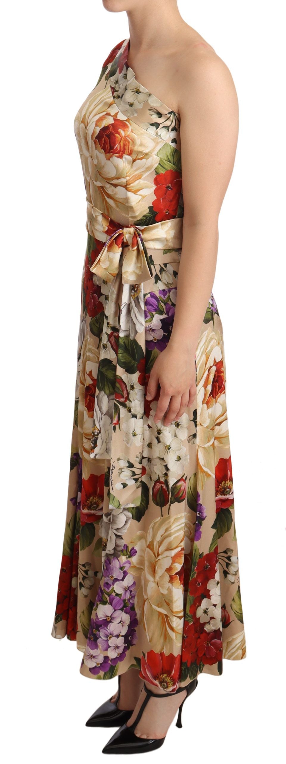 Elegant Floral One-Shoulder Silk Dress