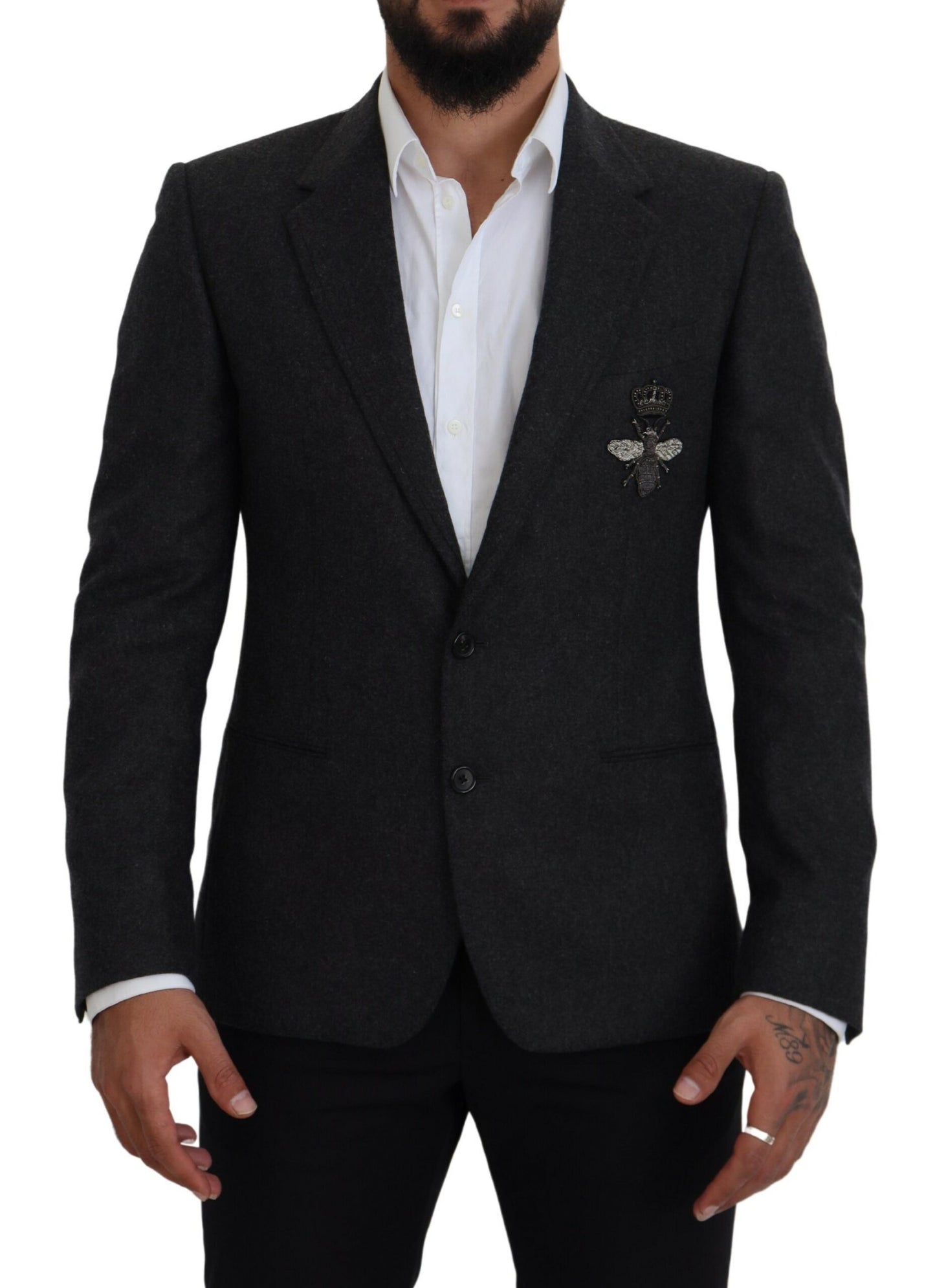 Elegant Gray Single Breasted Wool Blazer