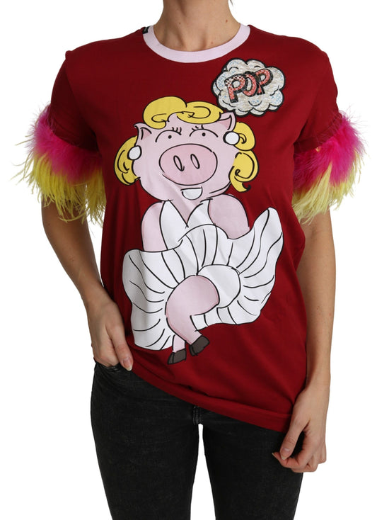 Chic Red Pig Print Crew Neck T-Shirt