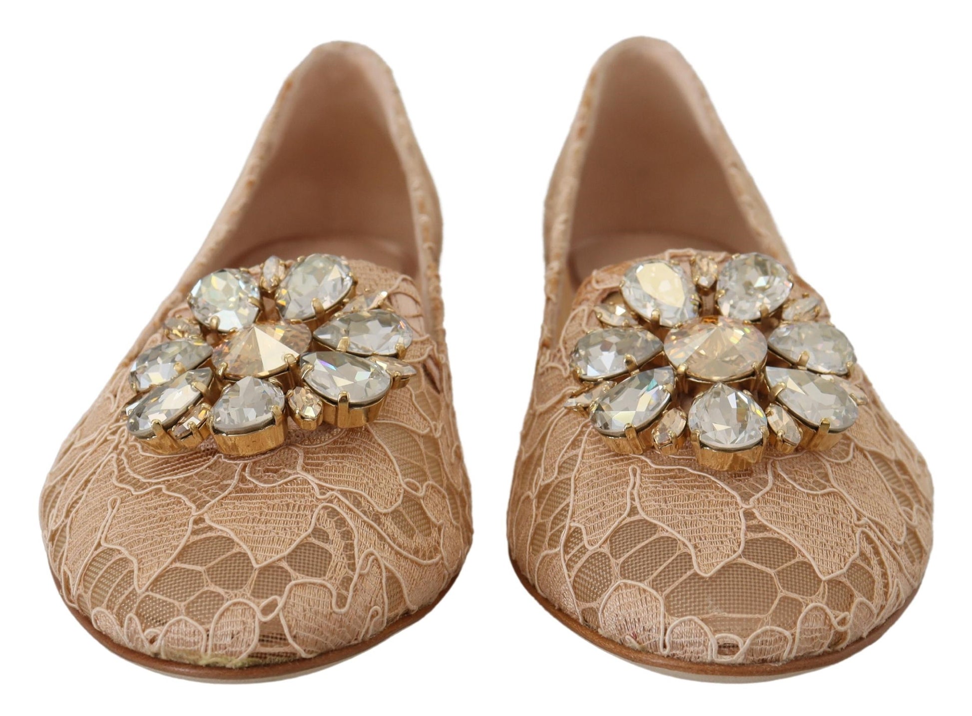 Elegant Beige Lace Vally Flats with Crystal Accent