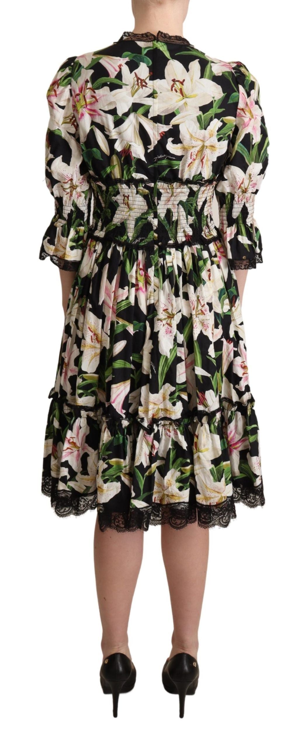 Elegant Lily Print Midi Dress with Lace Trim