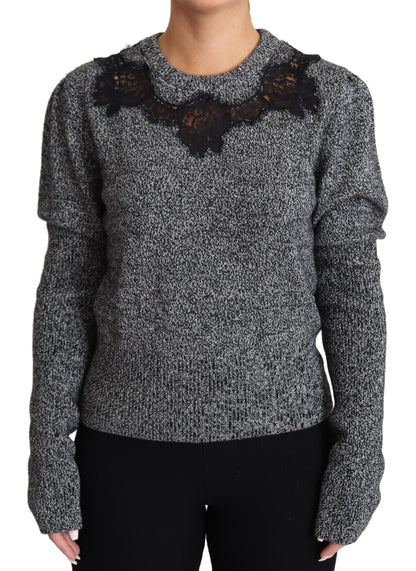 Elegant Grey Cashmere Lace-Trim Sweater