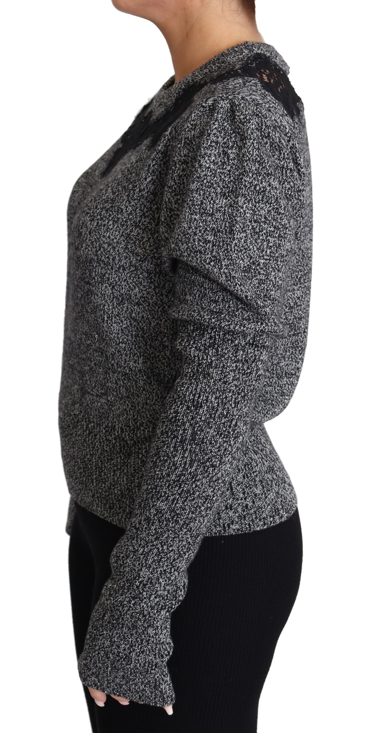 Elegant Grey Cashmere Lace-Trim Sweater
