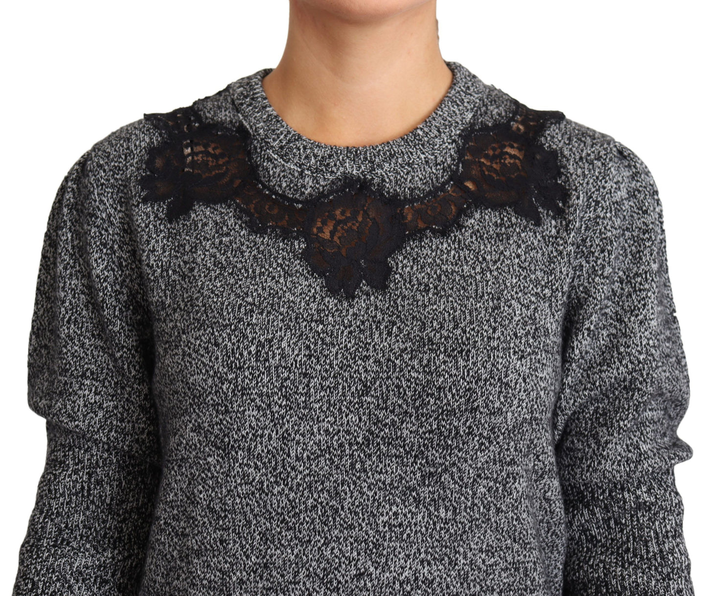 Elegant Grey Cashmere Lace-Trim Sweater