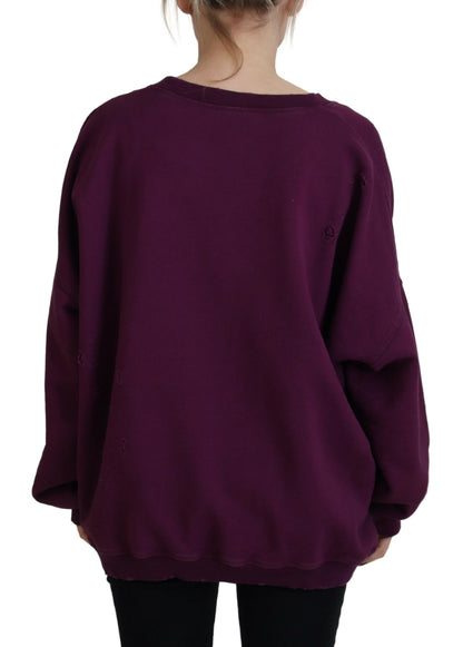Purple Cotton Distressed Printed Long Sleeve Sweater
