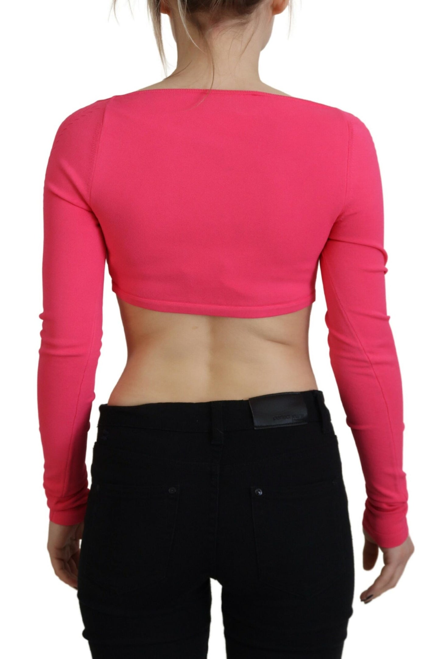Pink Viscose Knit Square Neck Long Sleeves Top