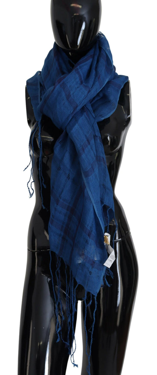 Chic Linen Fringed Scarf in Blue Checkered