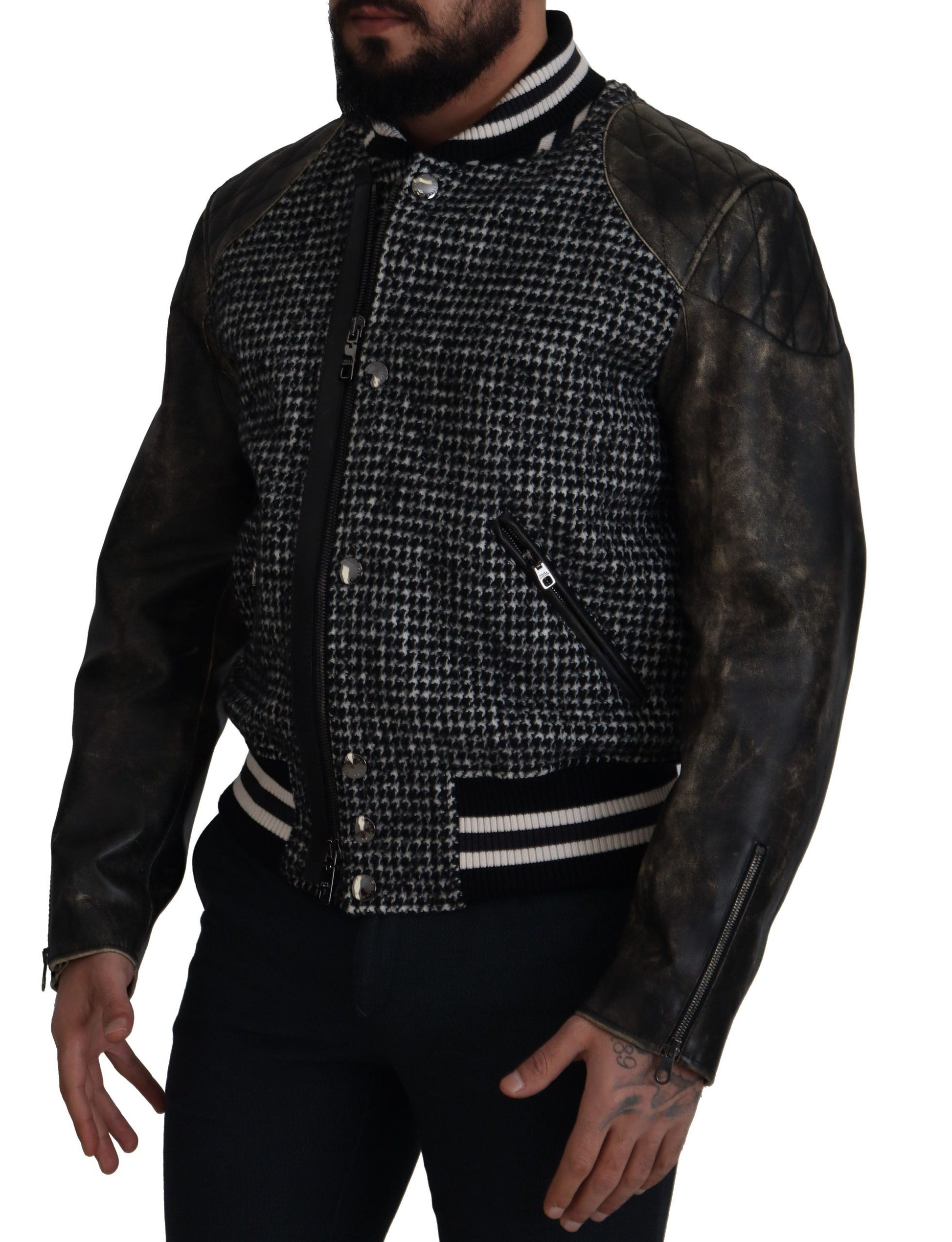 Multicolor Houndstooth Leather Bomber Jacket