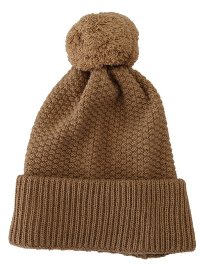 Elegant Camel Knit Beanie with Fur Accent