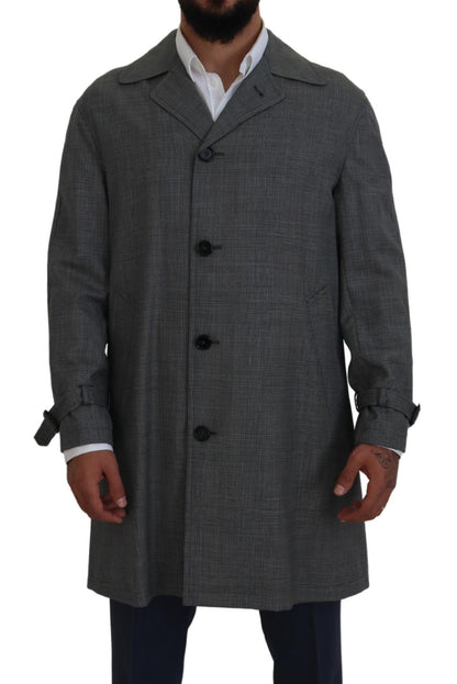 Elegant Gray Plaid Trench Coat