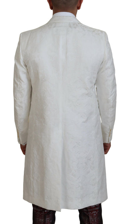 Elegant White Floral Brocade Trench Coat