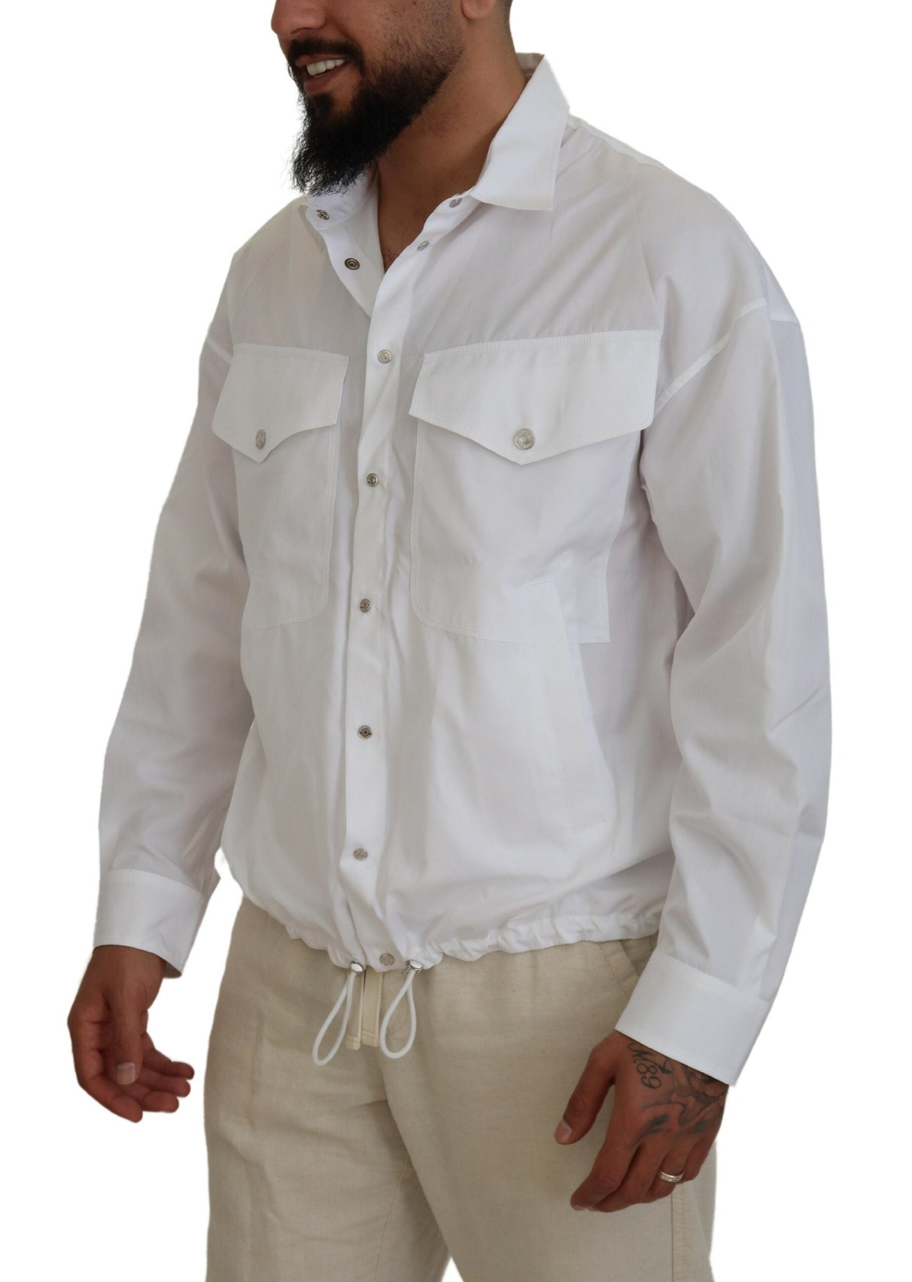 White Cotton Collared Casual Men Long Sleeves Jacket