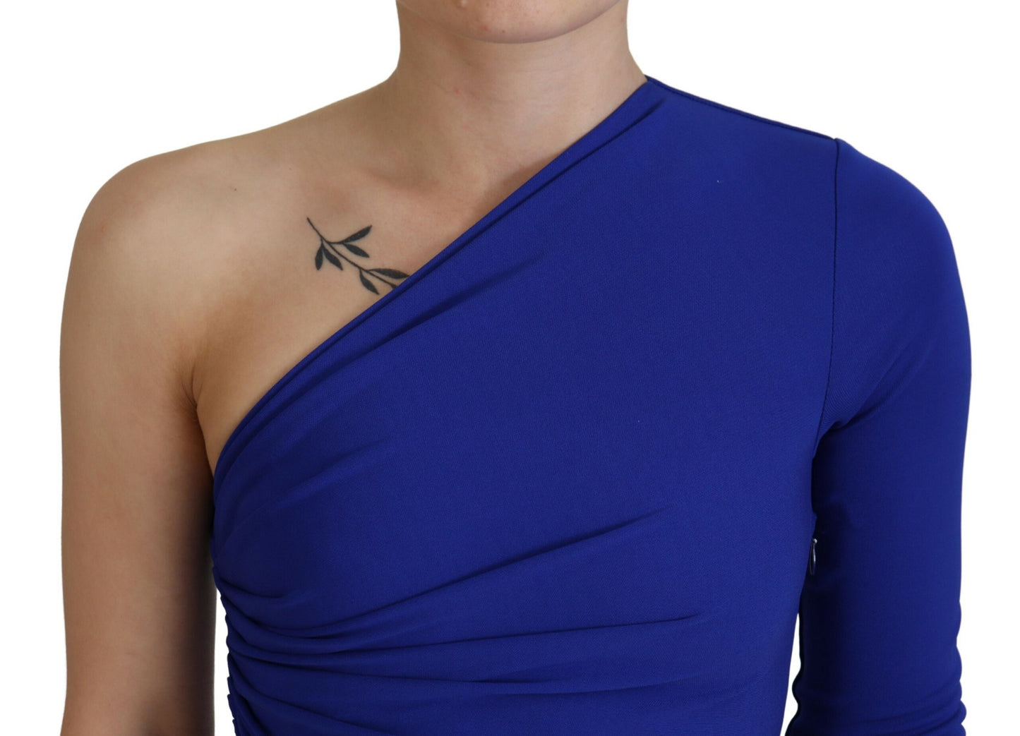 Blue Viscose One Shoulder Bodycon Ruched Mini Dress
