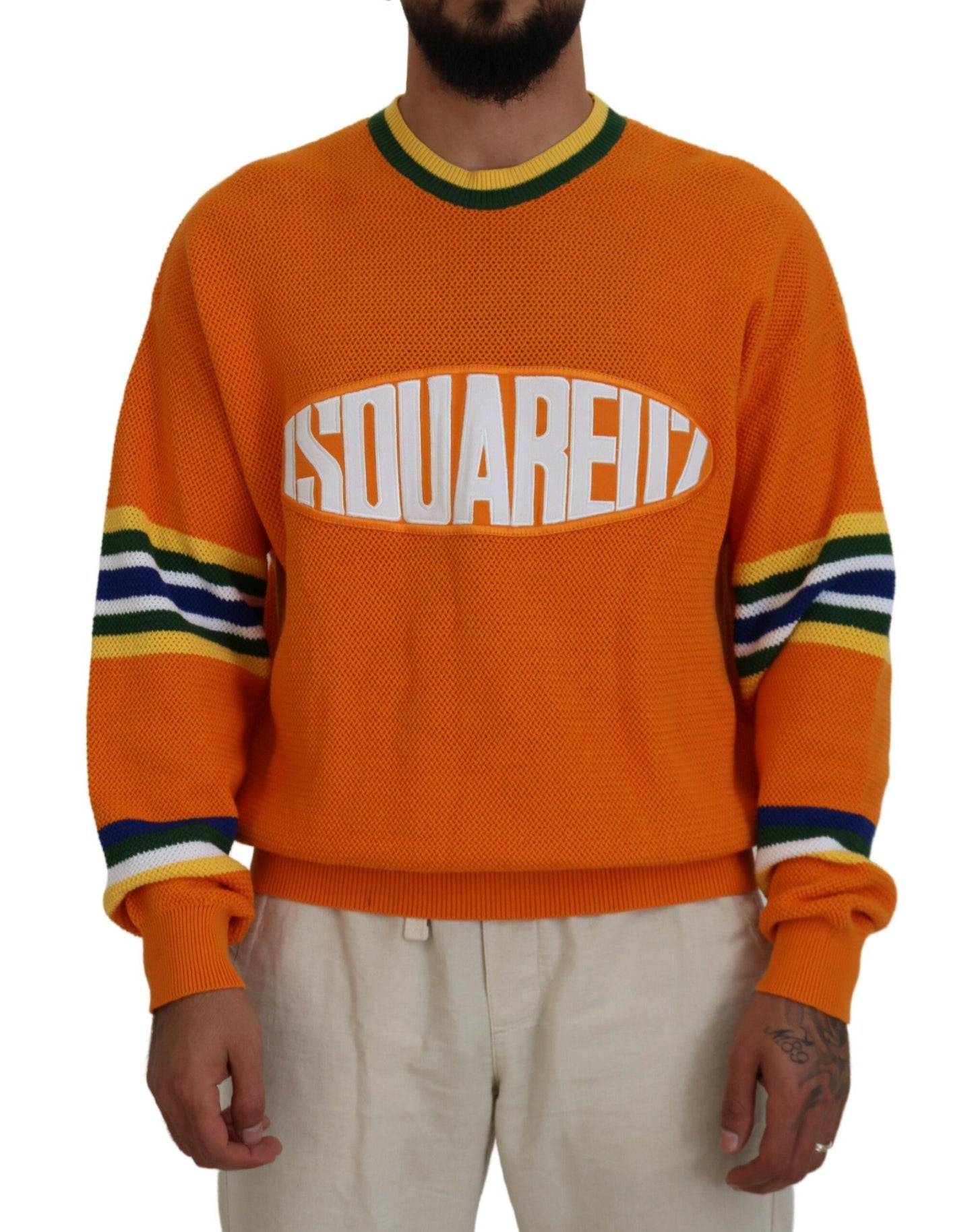 Orange Printed Long Sleeves Men Pullover Sweater